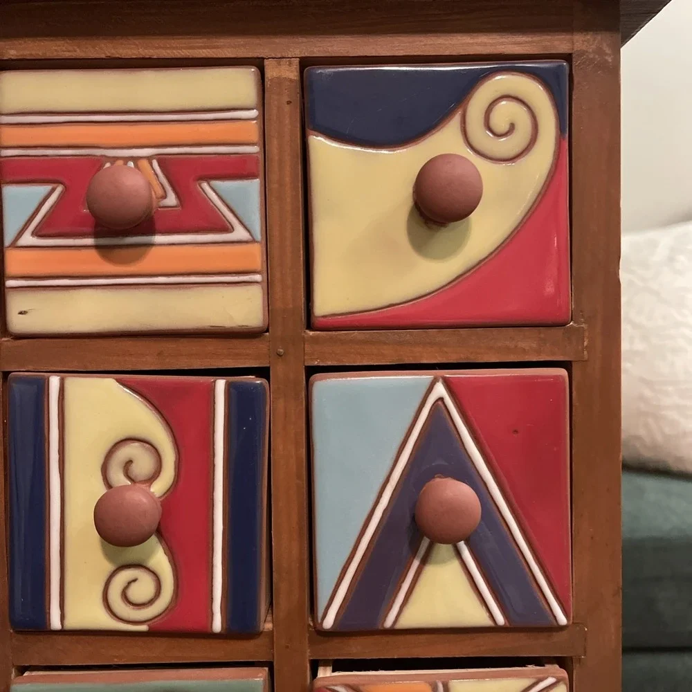 Hand Painted Ceramic Wood Apothecary 9 Drawer Chest Jewelry Spices Trinkets Vtg‎